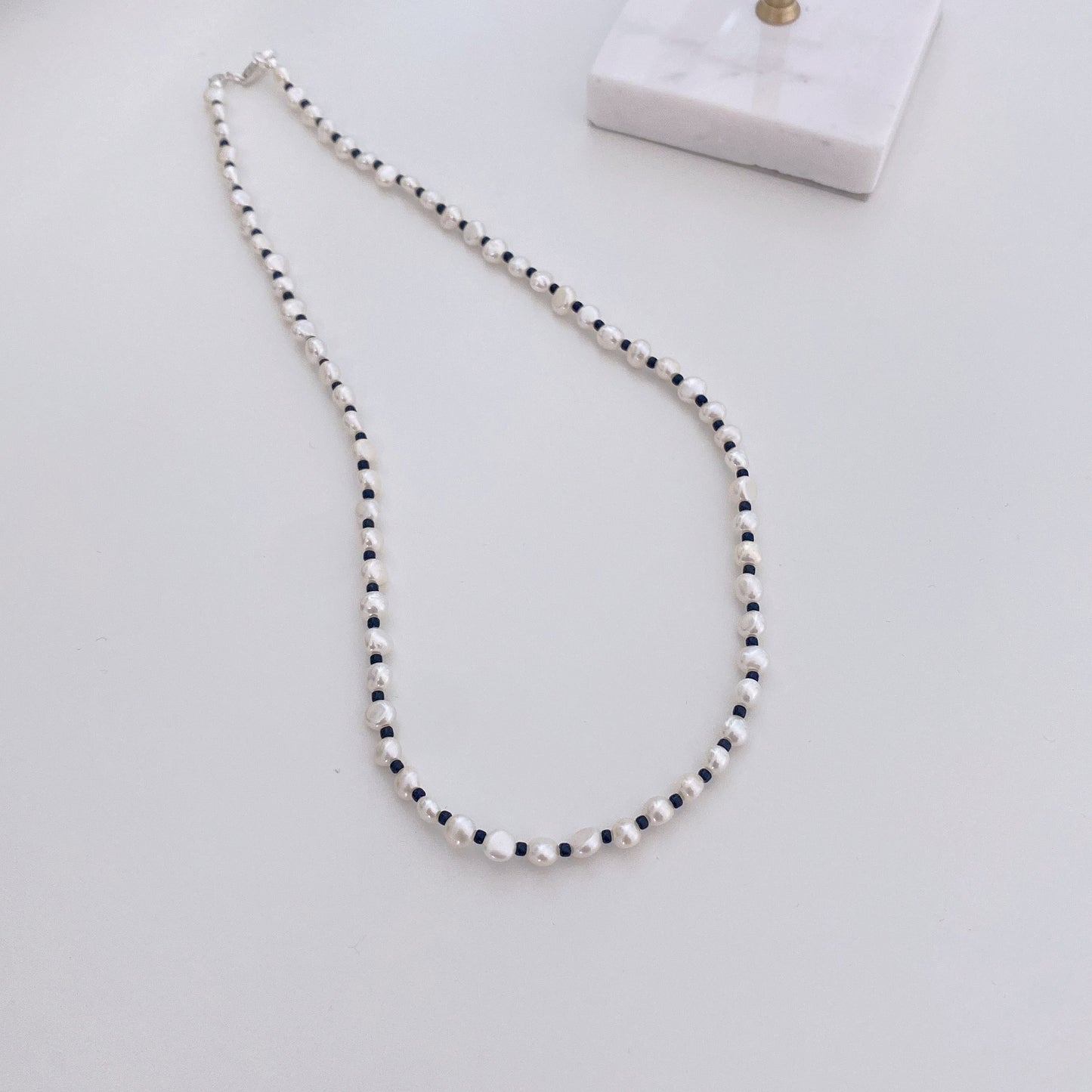 Maci Playful Black Beads and Irregular Freshwarer Pearl Necklace