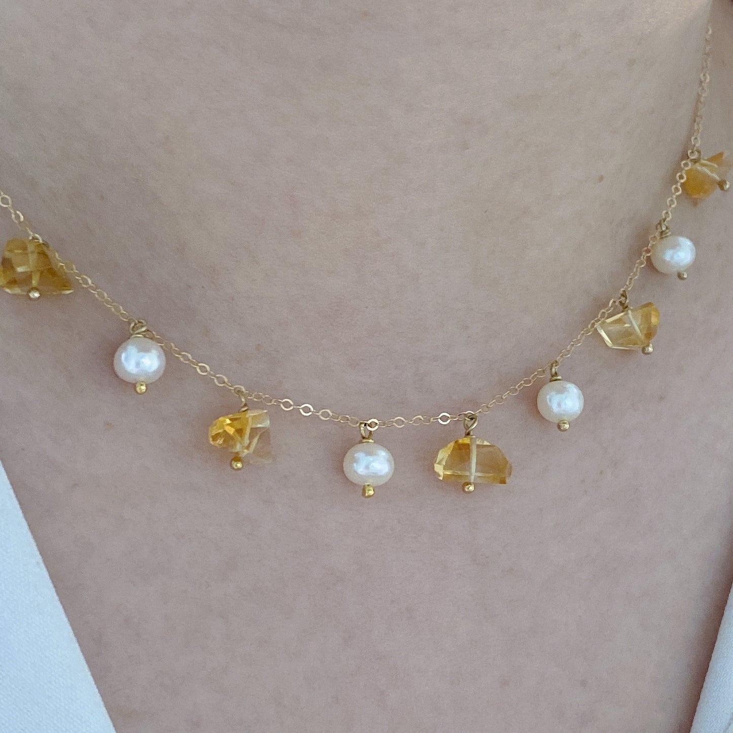 Isla Yellow Crystal and Freshwater Pearl on Gold Filled Chain - Necklace