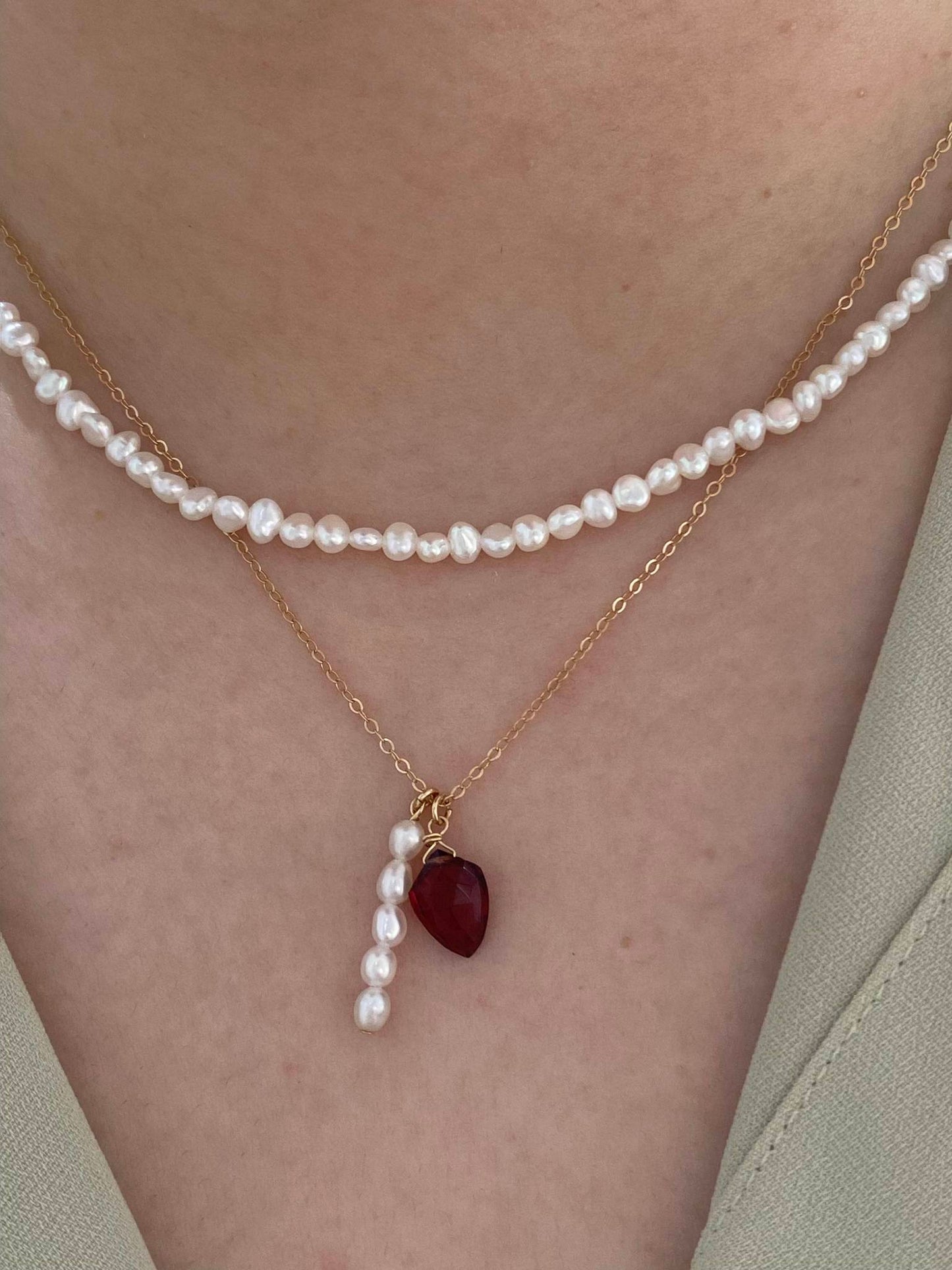 Gold filled chain with Garnet and Pearl Charm Necklace