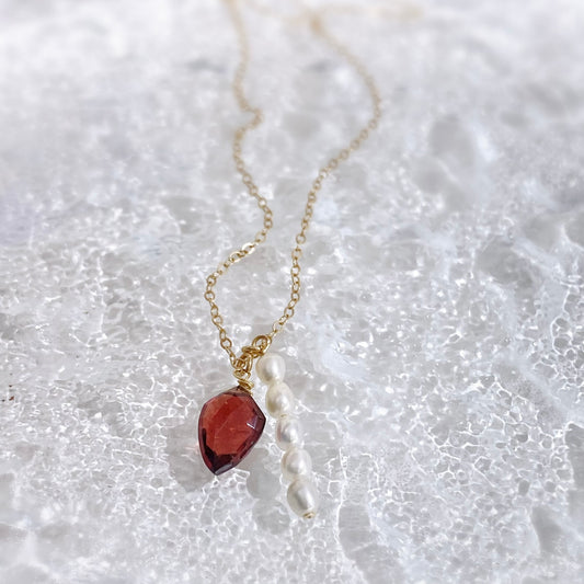 Gold filled chain with Garnet and Pearl Charm Necklace