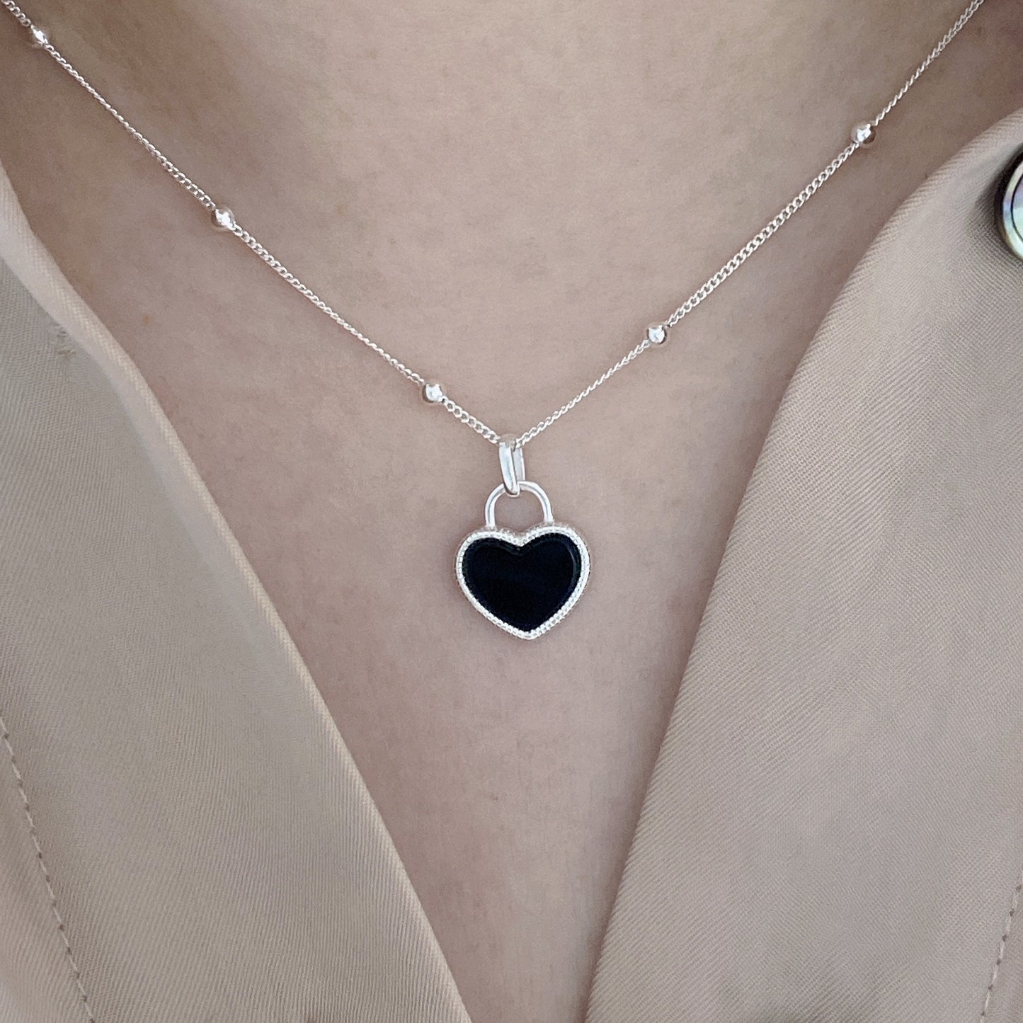 Heart Black Agate Sterling Silving Necklace