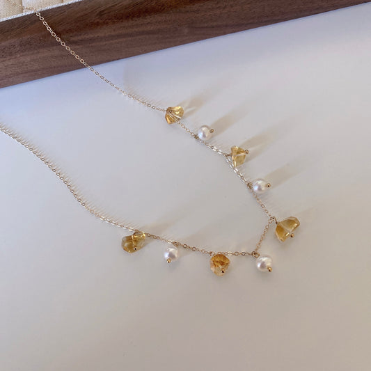 Isla Yellow Crystal and Freshwater Pearl on Gold Filled Chain - Necklace